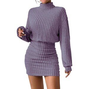 Women Purple Long Sleeve Turtle Neck Cute Ribbed Knit Pullover Sweater